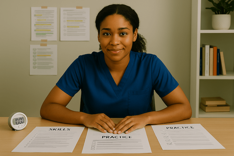 CNA student in scrubs sitting at organized study desk with skills practice sheets, timer, and highlighted checklists for test preparation