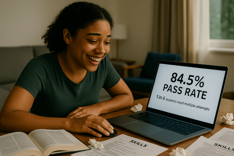 Relieved CNA student smiling while reading 84.5% pass rate statistics on laptop, surrounded by study materials and tissues from previous stress