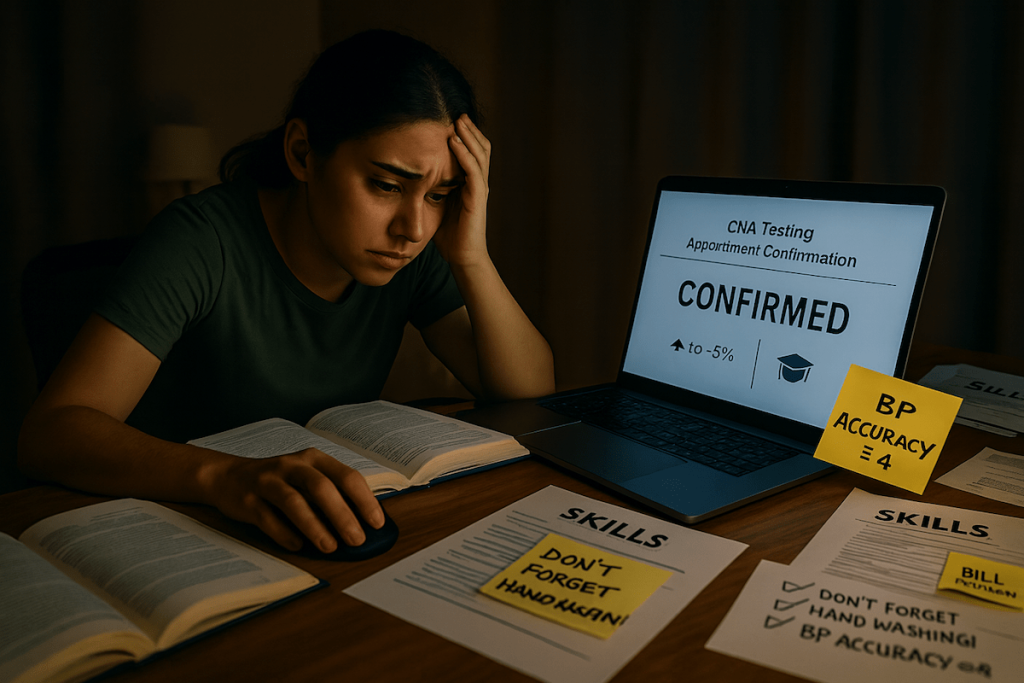 Stressed CNA student with head in hand studying at night, laptop showing test confirmation, surrounded by skills notes and BP accuracy reminders
