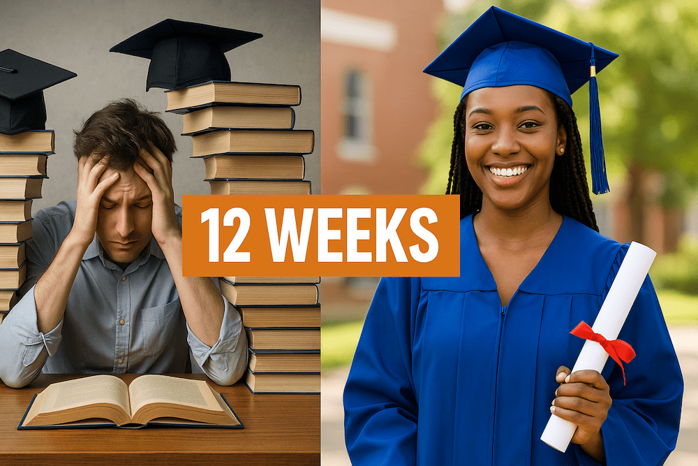 Stressed student with college textbooks versus happy CNA graduate with 12 weeks training time, showing faster path to AI-proof career without college degree