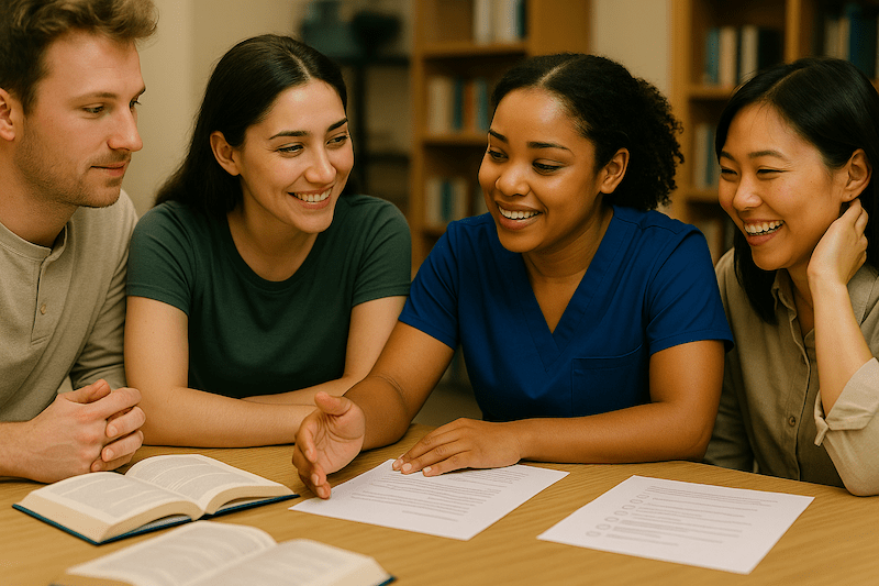 Diverse group of CNA students in supportive peer study session, sharing experiences and study materials around library table