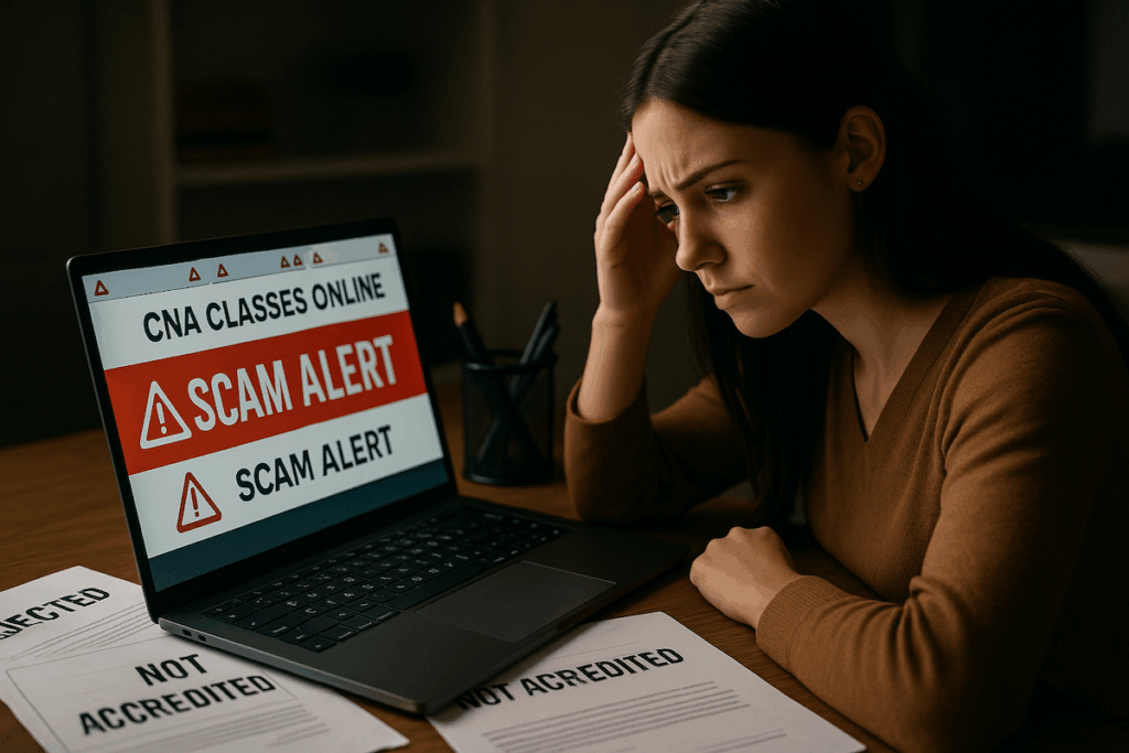 Woman looking concerned at laptop displaying CNA Classes Online scam alert with warning signs and not accredited documents on desk