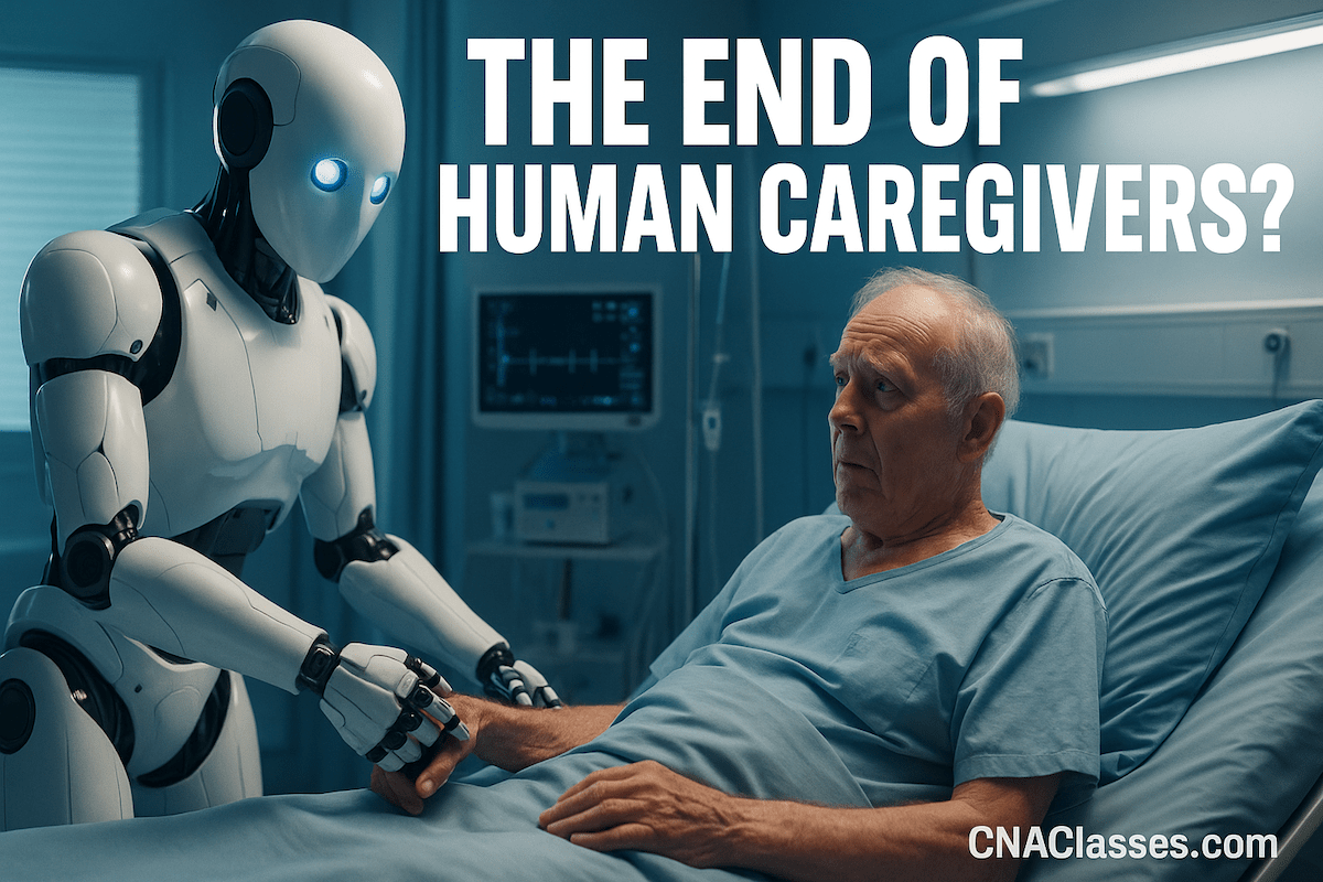 Humanoid robot providing care to elderly patient in hospital bed, illustrating the question of whether AI will replace human caregivers like CNAs