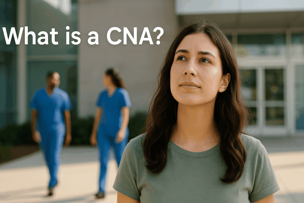 Young woman outside a hospital looking thoughtful with text overlay that reads ‘What is a CNA?