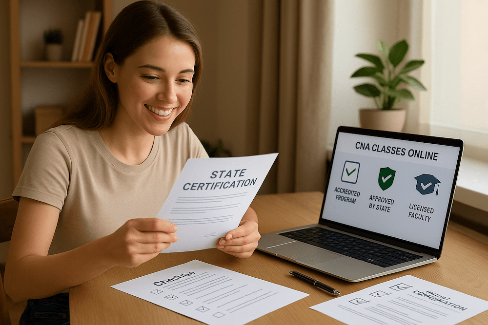 Woman smiling while holding state certification document next to laptop showing CNA Classes Online with accredited program badges