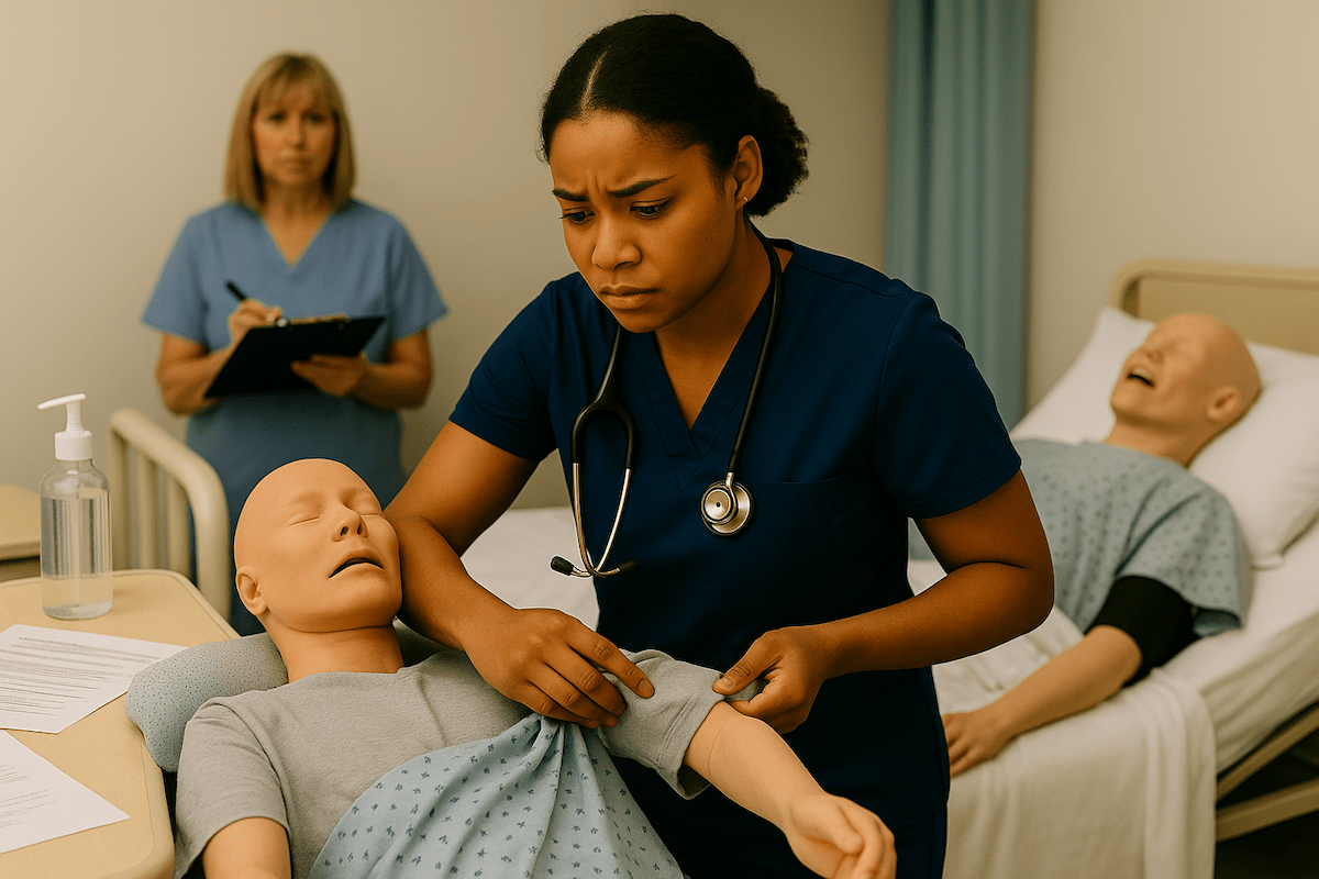 CNA student in navy scrubs assisting a training mannequin with adaptive dressing while evaluator with clipboard observes in a clinical skills testing environment