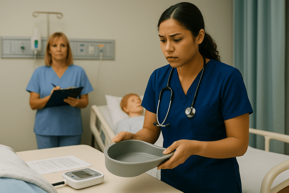 CNA student in navy scrubs holding a bedpan during clinical skills evaluation with patient mannequin in hospital bed and evaluator taking notes in background