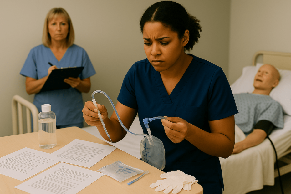 CNA student in navy scrubs examining catheter care supplies at a clinical testing station while evaluator with clipboard observes in background