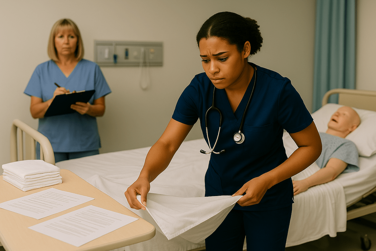 CNA student in navy scrubs changing linens on an empty hospital bed while evaluator with clipboard observes in a clinical training environment