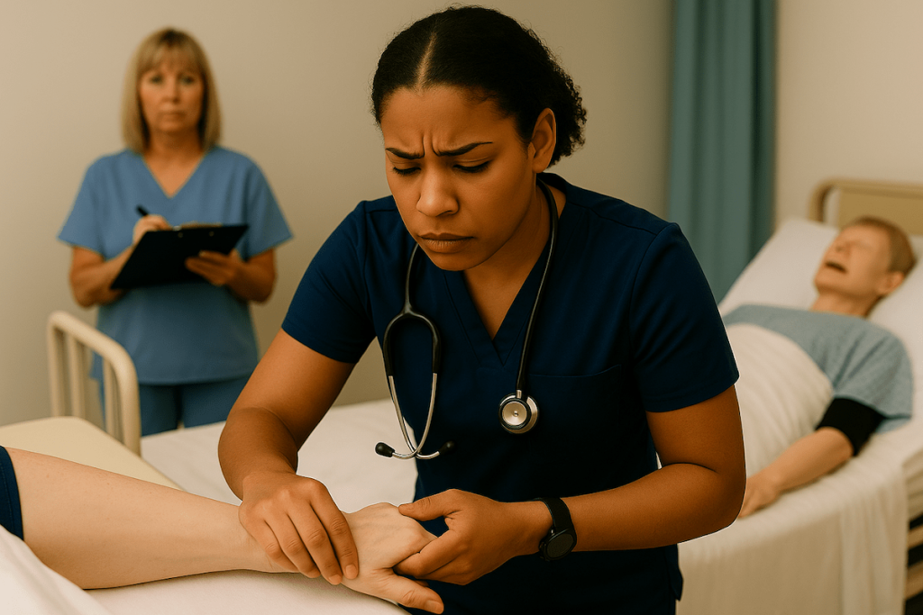CNA student in navy scrubs checking the radial pulse on a mannequin’s wrist while evaluator with clipboard and stopwatch observes in a clinical skills testing environment