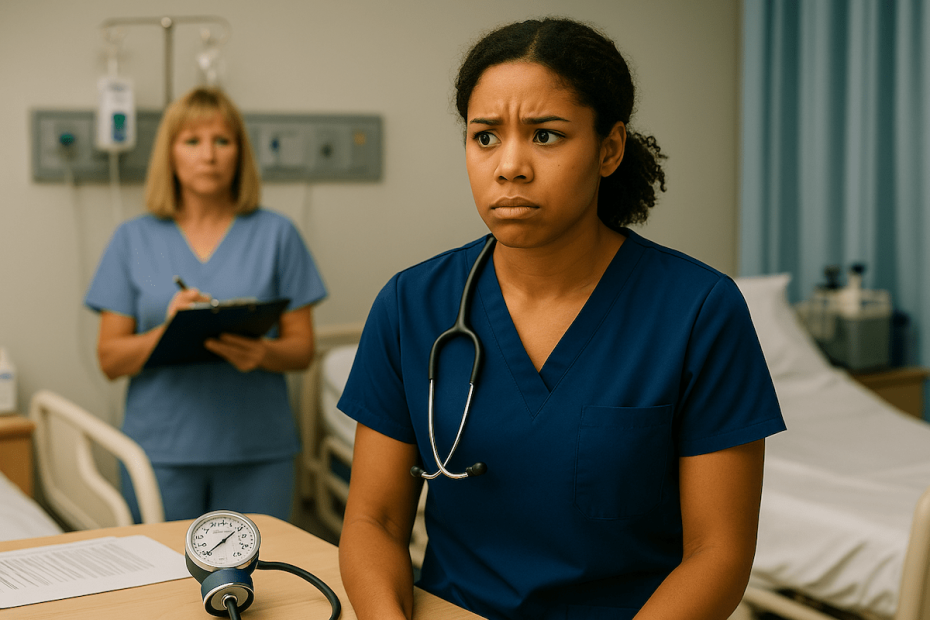 CNA student in navy scrubs with stethoscope showing a serious, puzzled expression while evaluator with clipboard observes in a clinical testing room with hospital bed and equipment