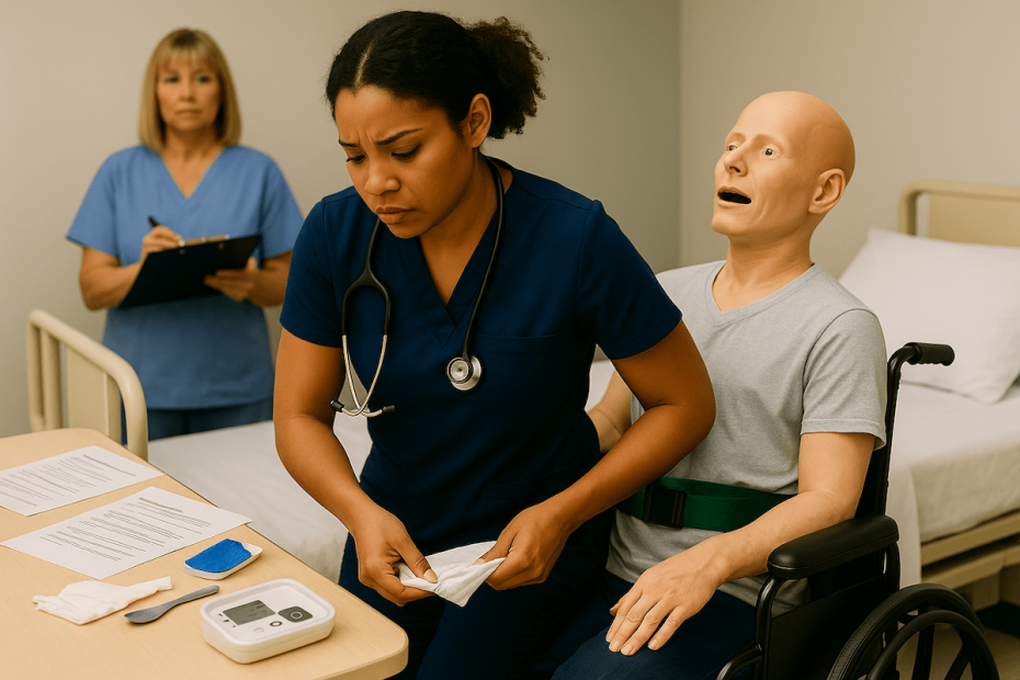 CNA student in navy scrubs assisting a training mannequin with a gait belt transfer to a wheelchair while evaluator with clipboard observes in a clinical testing environment