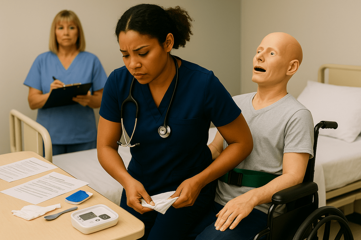CNA student in navy scrubs assisting a training mannequin with a gait belt transfer to a wheelchair while evaluator with clipboard observes in a clinical testing environment