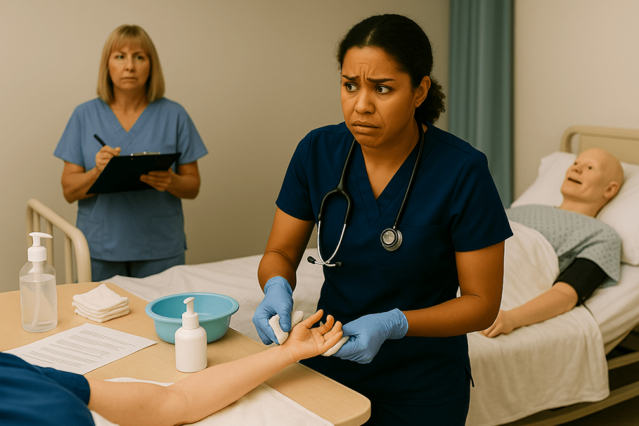 CNA student in navy scrubs performing hand care on a training mannequin while evaluator with clipboard observes in a clinical skills testing environment