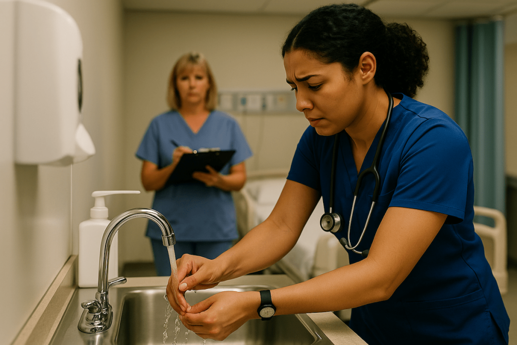 CNA student in navy scrubs washing hands at a clinical sink while evaluator with clipboard observes during skills test
