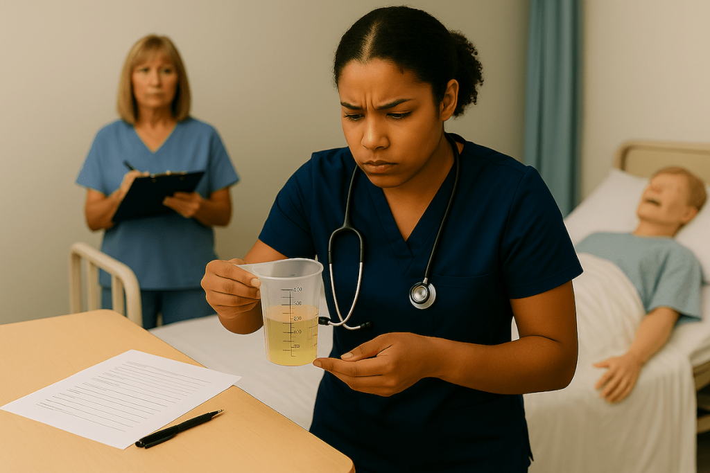CNA student in navy scrubs measuring urinary output in a graduated container while evaluator observes with checklist in a clinical skills testing environment