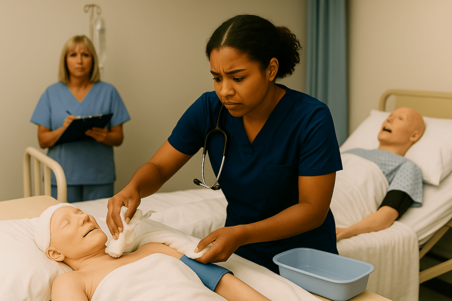 CNA student in navy scrubs performing a bed bath on a mannequin’s face and arm while evaluator with clipboard observes in a clinical training room