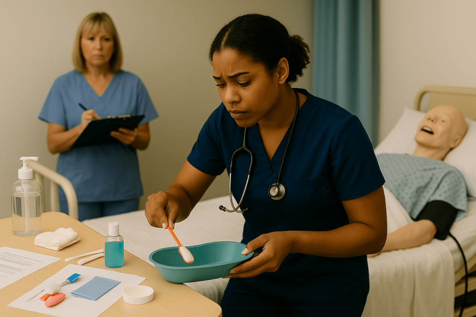 CNA student in navy scrubs preparing mouth care supplies for a training mannequin while evaluator with clipboard observes in a clinical skills testing environment