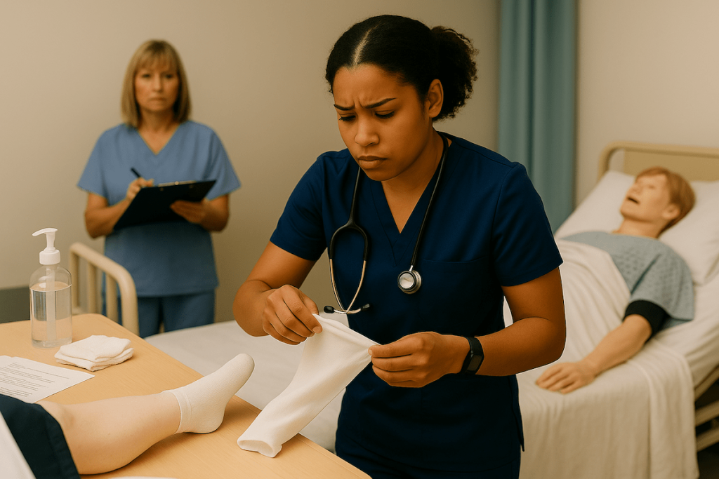 CNA student in navy scrubs preparing a TED hose stocking beside a mannequin patient in a hospital bed while an evaluator with clipboard observes in a clinical skills testing environment