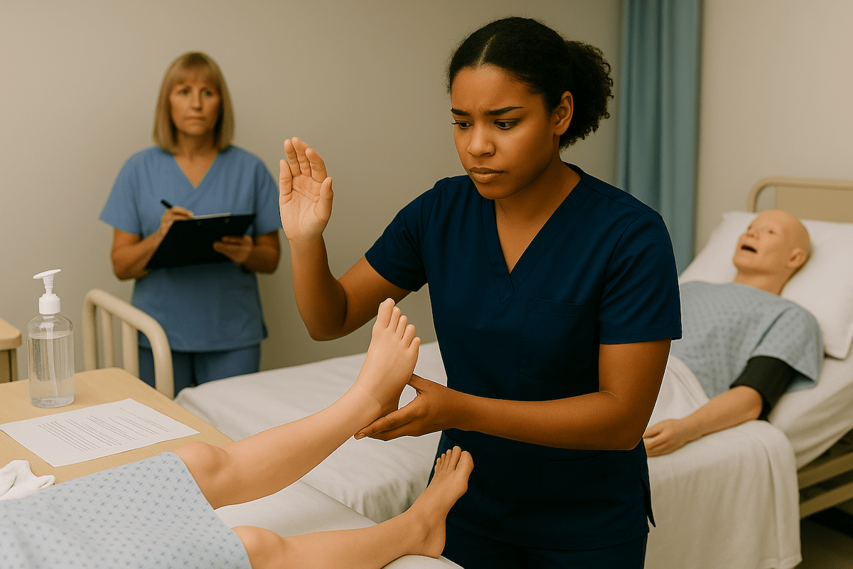 CNA student in navy scrubs performing range of motion exercises on a mannequin’s leg while evaluator with clipboard observes in a clinical skills testing environment