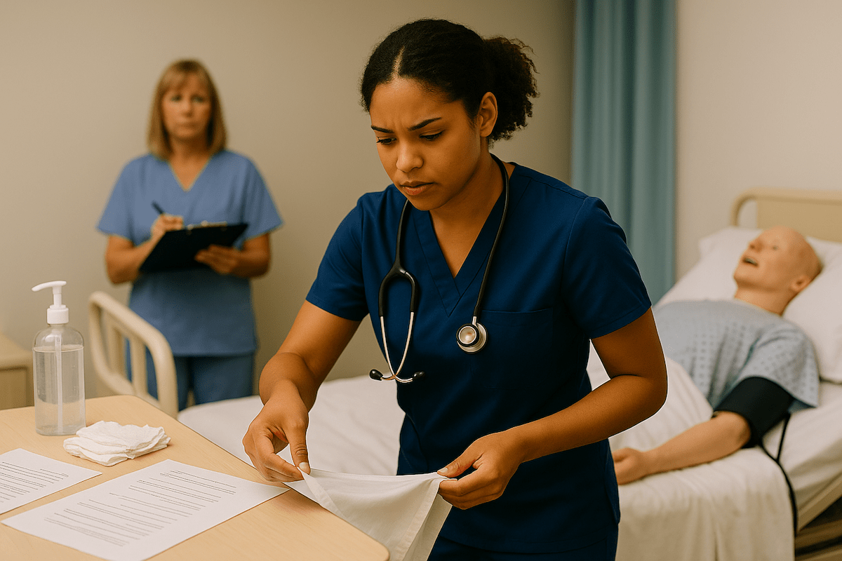 CNA student in navy scrubs practicing skills with a training mannequin while evaluator with clipboard observes in clinical testing environment