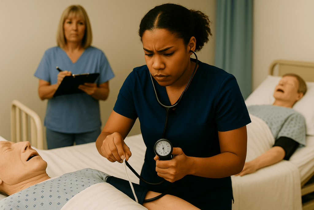 CNA student in navy scrubs using a sphygmomanometer and stethoscope to measure blood pressure on a mannequin arm while evaluator with checklist observes in a clinical skills testing environment