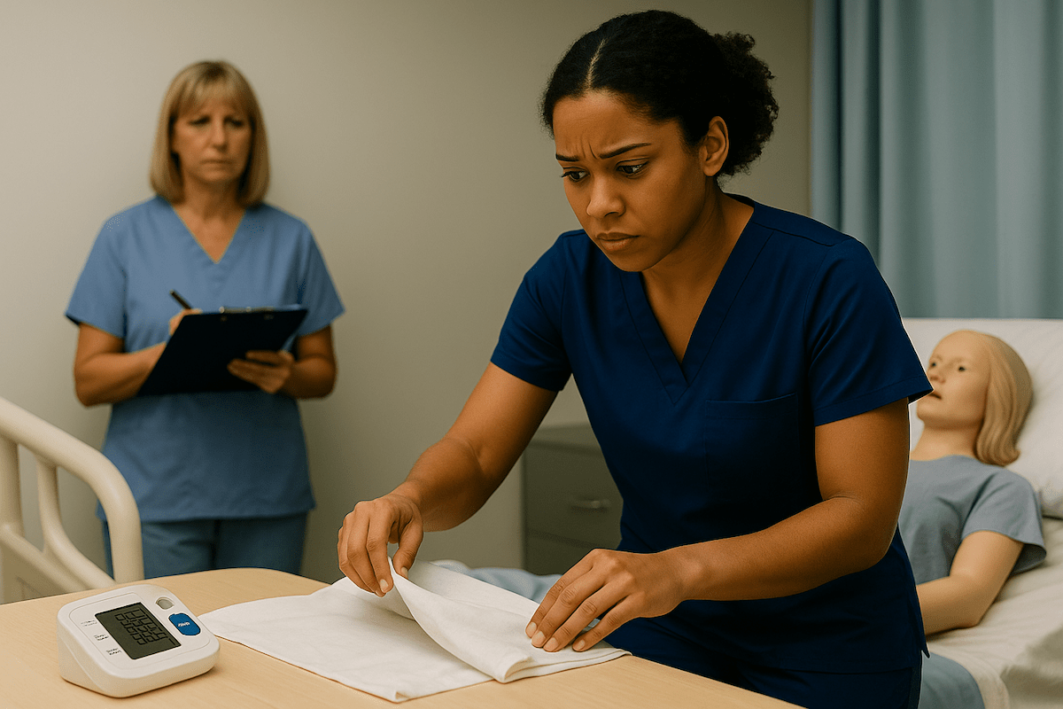 CNA student in navy scrubs practicing with a female clinical training mannequin while evaluator observes with clipboard in a medical lab setting