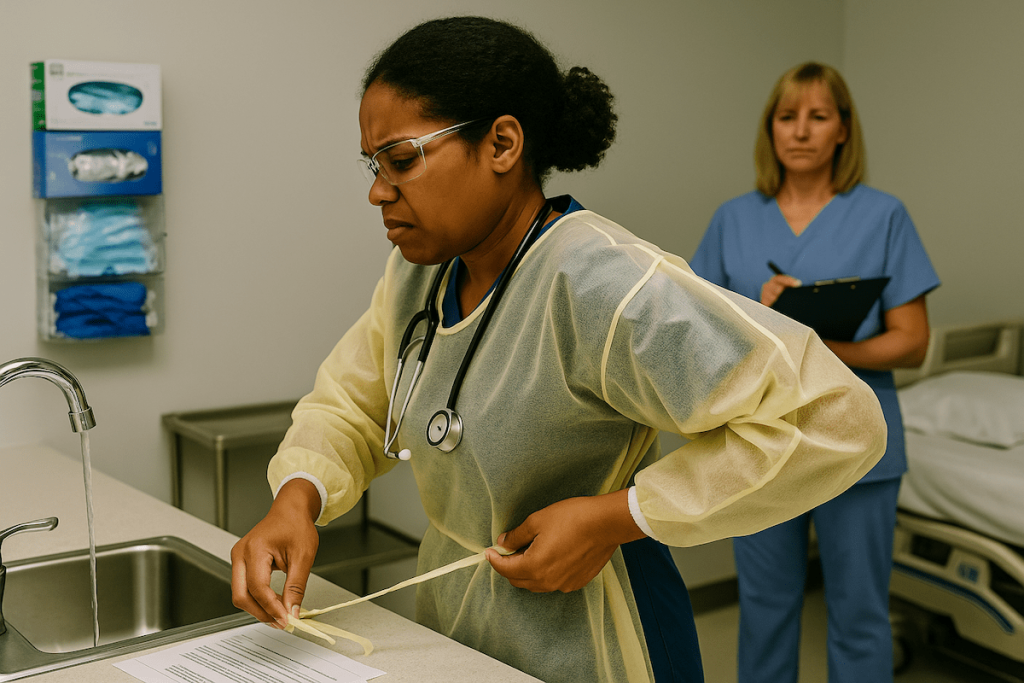 CNA student in yellow isolation gown concentrating while tying back strings during skills evaluation as nurse evaluator observes with clipboard
