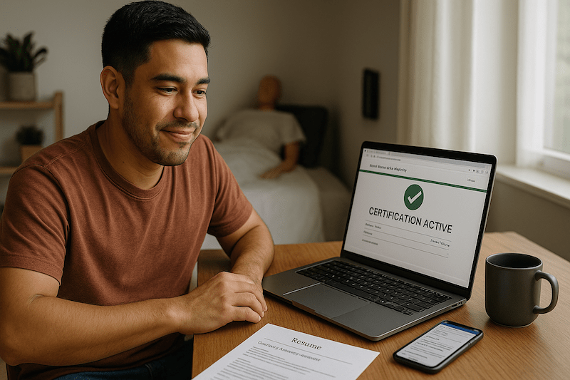 Documentary photograph of a young Latino man sitting at a wooden desk at home, smiling with quiet relief while viewing a laptop screen showing “CERTIFICATION ACTIVE” on the state nurse aide registry website. His printed resume and smartphone displaying job applications are nearby, alongside a coffee mug in natural daylight. The image conveys the hopeful, grounded moment of earning CNA certification and preparing to begin a new career.