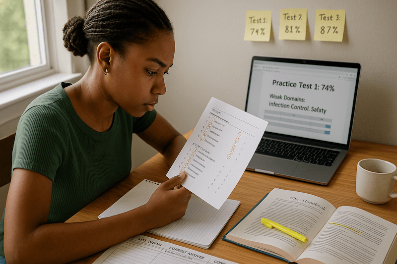 Documentary photograph of a focused young Black woman studying at her desk in afternoon light, reviewing a CNA practice test with red-marked errors. A notebook labeled “WHY WRONG | CORRECT ANSWER | CONCEPT TO REVIEW,” an open CNA handbook, and a laptop showing “Practice Test 1: 74% | Weak Domains: Infection Control, Safety” illustrate her analytical study method. Sticky notes on the wall show progress from 74% to 87%, symbolizing growth and confidence through systematic learning.