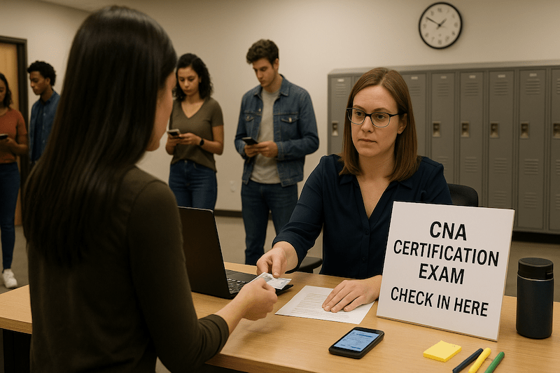 Documentary photograph of a CNA certification exam check-in area in a community college testing center. A professional administrator verifies a candidate’s ID at a desk labeled with corrected cards reading “Physical Care - 64%,” “Role of Aide - 26%,” and “Psychosocial - 10%.” Diverse candidates wait calmly in the background near lockers and a clock showing 8:45 AM, under bright, organized lighting conveying a professional and welcoming testing environment.