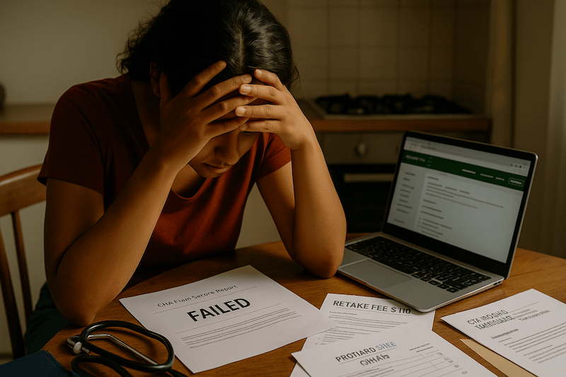 Documentary-style 16:9 photo of a young woman sitting at her kitchen table in warm late-afternoon light, hands over her face after failing her CNA exam. A printed report marked “FAILED,” papers labeled “RETAKE FEE $110,” and a stethoscope lie beside a laptop open to the testing vendor website. The authentic home setting and natural lighting capture genuine emotional devastation, financial stress, and the human reality of exam failure.