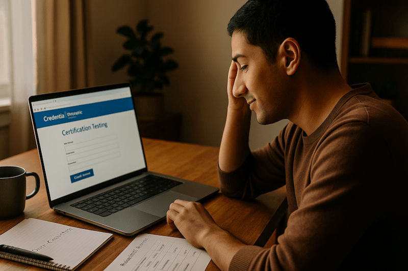 Documentary-style 16:9 photo of a young South Asian man sitting at a home desk in warm afternoon light, showing relief and focus while registering for his CNA exam. His laptop displays the Credentia certification testing portal with the “Create Account” button visible, and his notebook lists the state and vendor name. A coffee mug and organized desk symbolize progress from research to action, capturing cautious optimism and authentic determination.