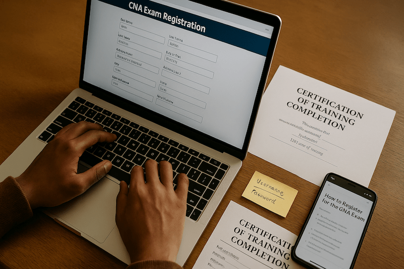 Close-up 16:9 documentary photo of a person typing on a laptop while completing a CNA exam registration form. A printed training completion certificate, sticky note with login details, and smartphone showing step-by-step registration instructions are neatly arranged on a wooden desk. Natural side lighting and an organized setup convey focused productivity and methodical progress toward certification.