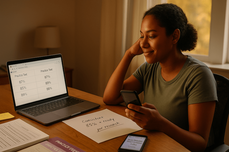 Documentary-style 16:9 photo of a young Black woman at her home desk reviewing CNA practice test results with a calm, confident smile. Her laptop screen shows consistent scores of 87%, 85%, 89%, and 86%, while a handwritten note reads “consistent 85%+ = ready per research.” A smartphone beside her confirms her upcoming exam date in 4 days. Warm golden-hour lighting and an organized workspace capture the moment of evidence-based readiness and earned confidence.