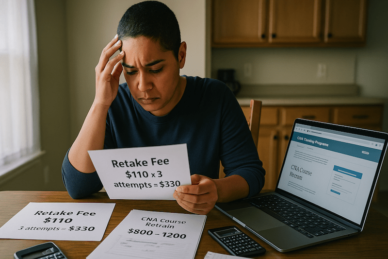 Documentary-style 16:9 photo of a person in their mid-30s sitting at a kitchen table under natural afternoon light, reviewing papers labeled “Retake Fee $110 x 3 attempts = $330” and “CNA Course Retrain $800–1200.” A calculator, notepad, and laptop showing a CNA training program website emphasize financial strain. Their worried expression and hunched posture convey the emotional weight of budgeting and difficult career decisions in a modest home setting.