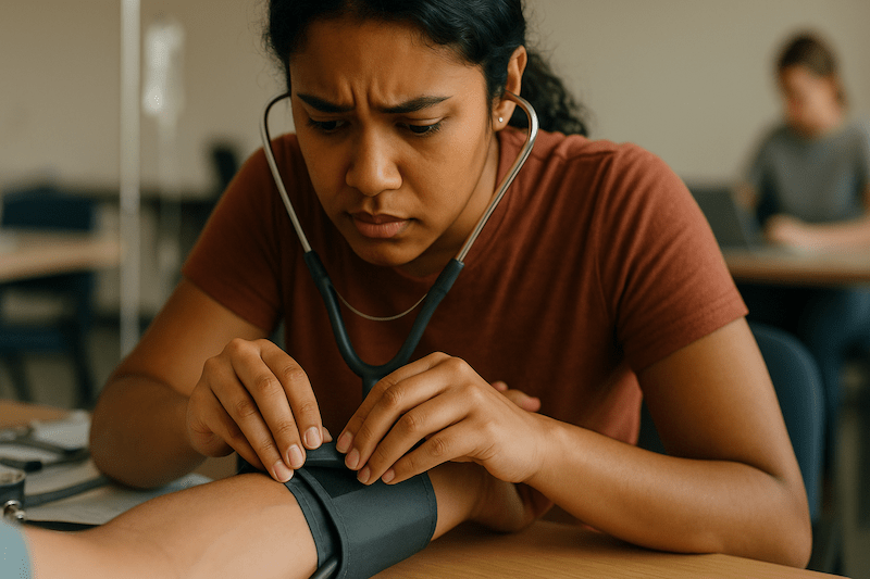 Documentary-style 16:9 photo of a young diverse woman practicing blood pressure measurement during CNA training. Her tense hands adjust the cuff on a partner’s arm while she wears a stethoscope, showing focused concentration mixed with frustration. The practice lab background, natural lighting, and subtle trembling capture the authentic challenge of mastering clinical technique.