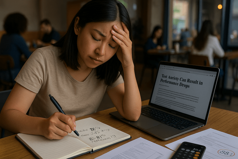 Documentary-style photo of a young Asian woman studying at a coffee shop, hand on forehead in thoughtful realization while calculating “practice score 88% minus 7–8% anxiety drop = 80–81% real exam” in her notebook. Her laptop shows an article about test anxiety performance drops, with a calculator app open on her phone and a printed practice test circled at 88%. Natural afternoon lighting and blurred café background emphasize focused strategic thinking.
