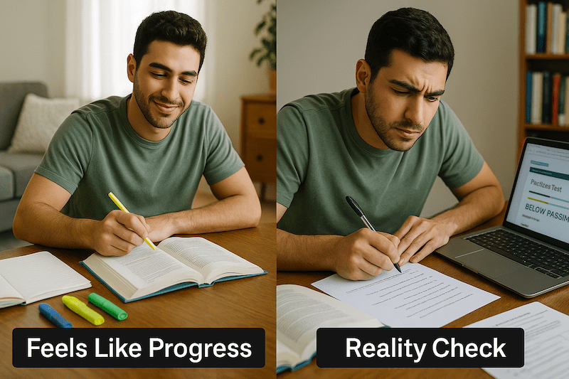 Split documentary photograph showing a young Middle Eastern man studying in two scenarios: on the left, he smiles while casually highlighting a CNA textbook with the caption “Feels Like Progress”; on the right, he frowns in concentration during a practice test with the caption “Reality Check.” The contrast illustrates the difference between passive studying and active recall under natural lighting in an authentic home learning environment.