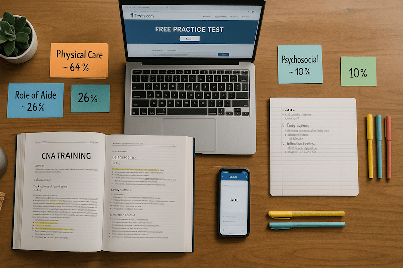 Overhead view of a neatly organized CNA exam study workspace with color-coded index cards labeled “Physical Care – 64%,” “Role of Aide – 26%,” and “Psychosocial – 10%.” An open CNA textbook, laptop showing a free practice test on Tests.com, smartphone with Quizlet flashcards, and neatly arranged pens, notes, and a small plant create a bright, focused study atmosphere in natural daylight.