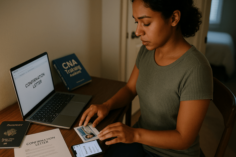 Documentary-style 16:9 photo of a young woman at her desk organizing CNA exam materials in early morning light. She reviews her passport, ID, and printed confirmation letter while checking a test-day checklist on her phone. A CNA training textbook and laptop sit nearby, symbolizing readiness and the final step from student to test-taker in a calm, authentic home environment.