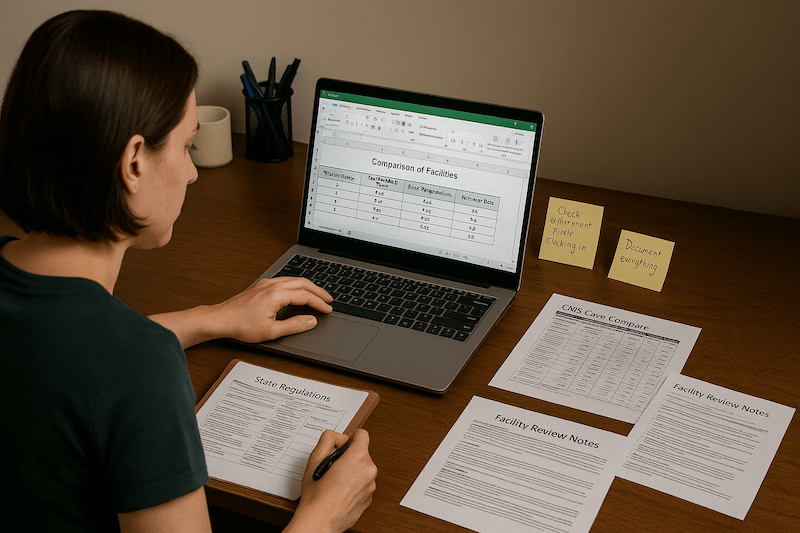 Prospective CNA creating a comparison spreadsheet on a laptop, reviewing staffing ratios, CMS star ratings, state requirements, and turnover rates, surrounded by organized research materials and sticky notes in a well-organized home workspace.