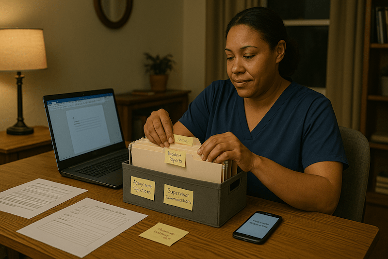 CNA organizing documentation folders at home office to track assignments and incidents.