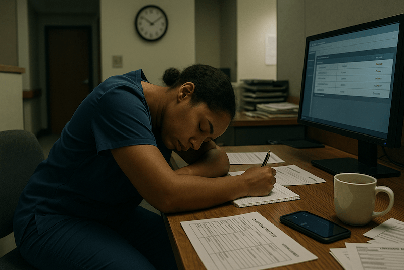 Exhausted CNA slumped at nursing station after shift with overdue charting on screen.
