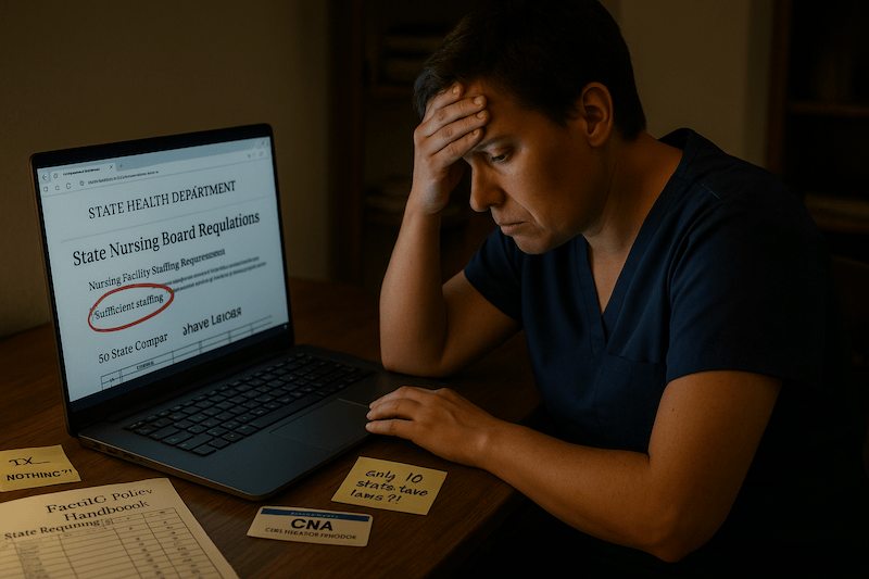 CNA researching state nursing board regulations late at night on a laptop, looking frustrated and defeated as vague ‘sufficient staffing’ rules appear on screen, surrounded by sticky notes, certification card, facility handbook, and scattered papers documenting lack of CNA ratio laws.