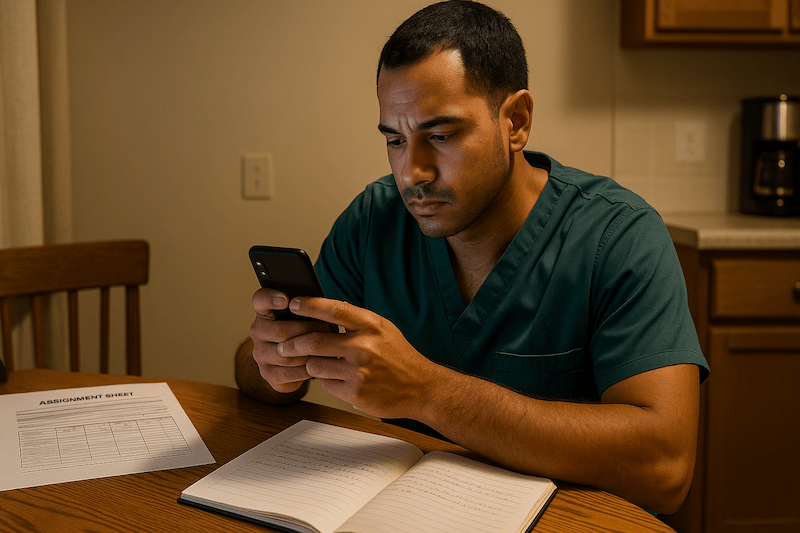 CNA reviewing assignment-objection email at home after shift