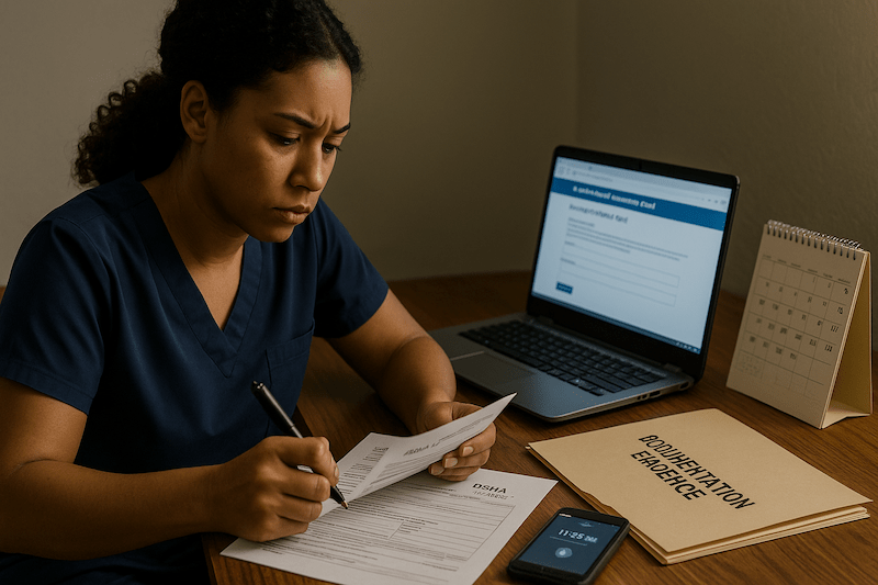 CNA reviewing OSHA complaint form at home while preparing documentation evidence.