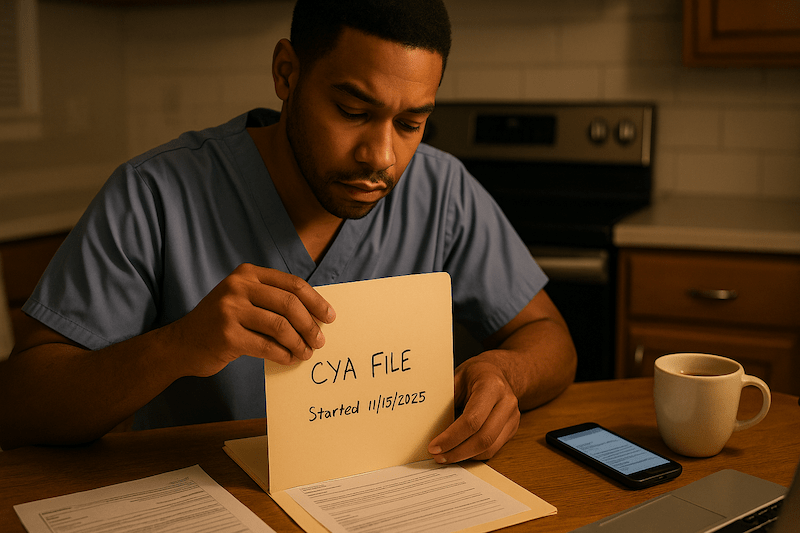 CNA starting CYA documentation folder at kitchen table after shift.