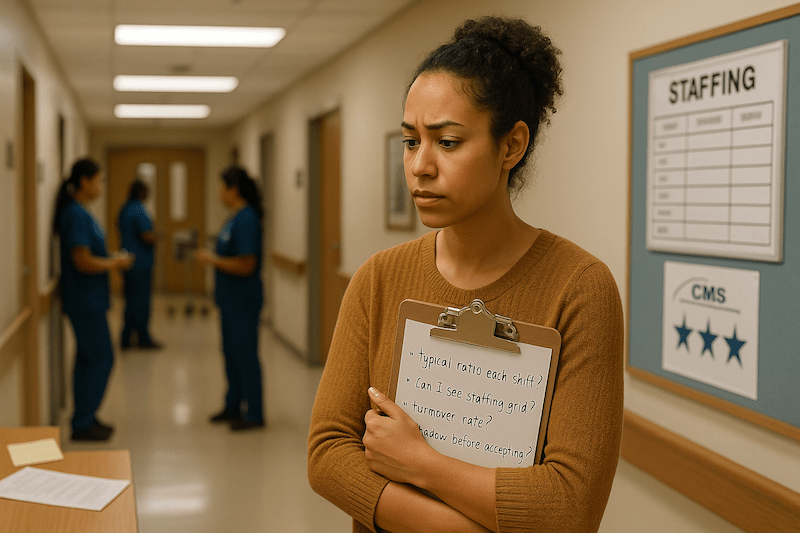 Prospective CNA standing in a nursing facility hallway holding a clipboard with staffing questions, observing CNAs working in the background near a staffing board and CMS star rating poster, showing thoughtful evaluation and informed decision-making during a facility tour.