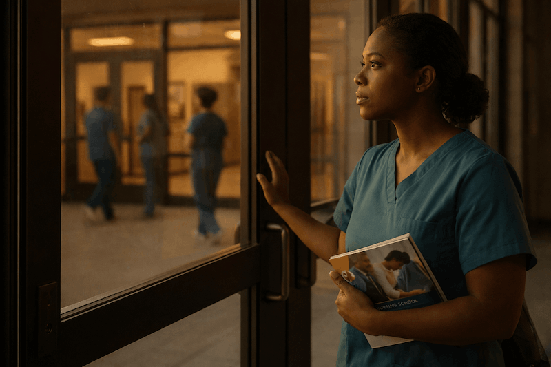 CNA in scrubs at nursing school entrance contemplating career transition to LPN